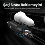 BXCCP36WT 38W Type-C PD 20W ve USB-A QC 3.0 18W Çift Portlu LED Işıklı Araç Şarj Cihazı Beyaz - Görsel 3