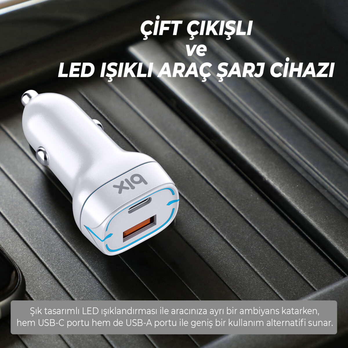 BXCCP36WT 38W Type-C PD 20W ve USB-A QC 3.0 18W Çift Portlu LED Işıklı Araç Şarj Cihazı Beyaz - Görsel 4