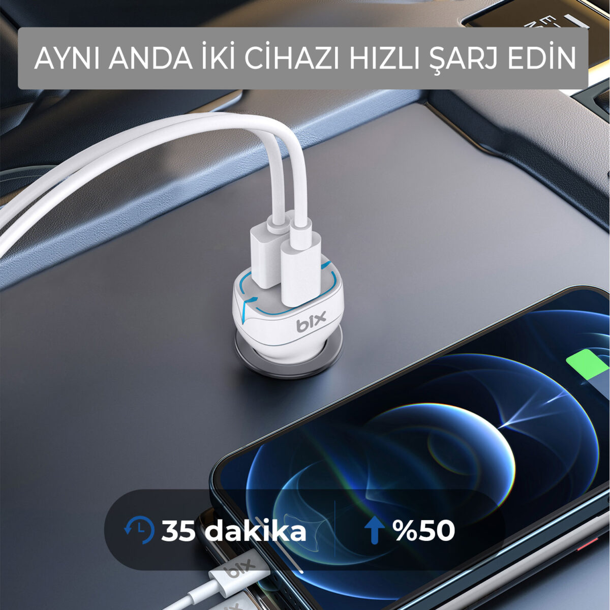 BXCCP36WT 38W Type-C PD 20W ve USB-A QC 3.0 18W Çift Portlu LED Işıklı Araç Şarj Cihazı Beyaz - Görsel 5