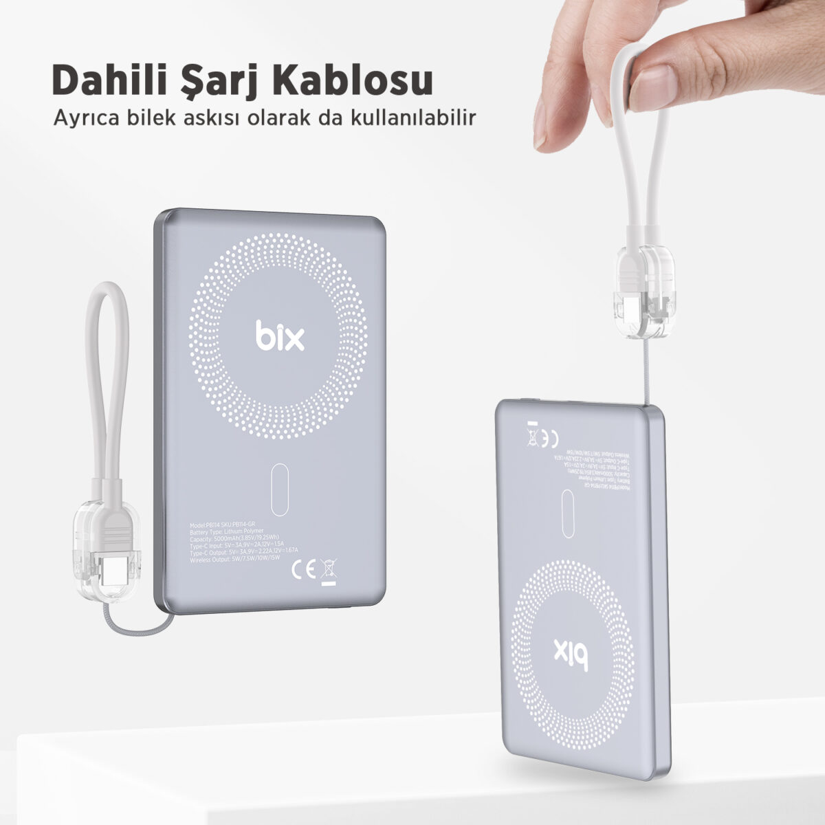 PB114 5000mAh 20W Dahili Type-C Kablolu 15W Manyetik Kablosuz Şarj Özellikli Portatif Powerbank Taşınabilir Hızlı Şarj Cihazı - Görsel 3
