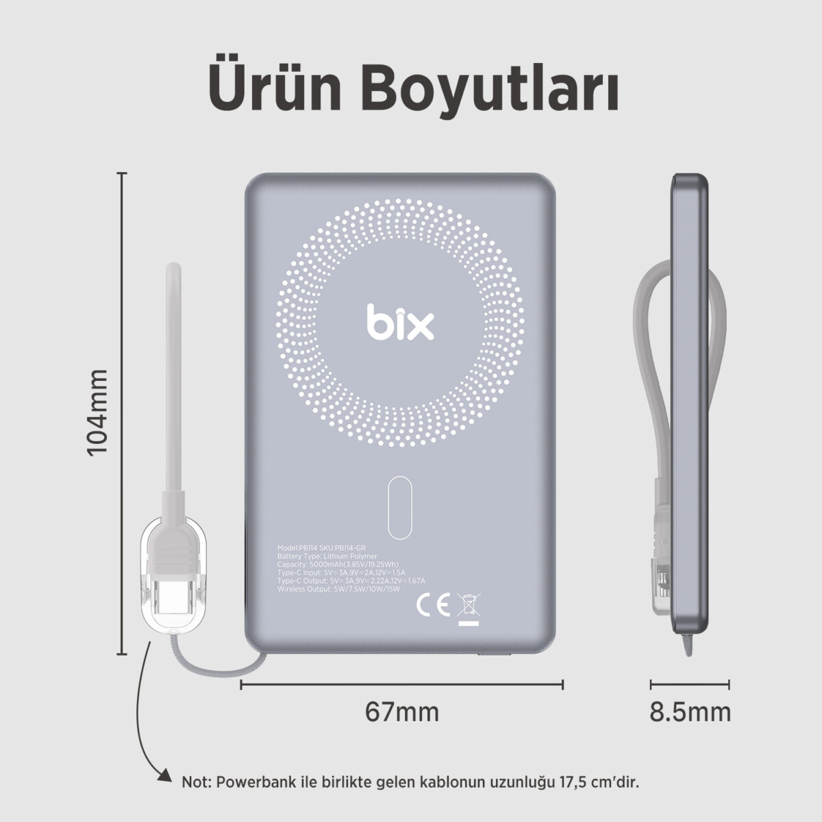 PB114 5000mAh 20W Dahili Type-C Kablolu 15W Manyetik Kablosuz Şarj Özellikli Portatif Powerbank Taşınabilir Hızlı Şarj Cihazı - Görsel 6