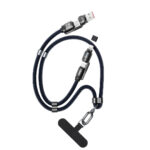 BX5IN1C 240W PD Hızlı Şarj ve Data Kablosu – USB-A & Type-C & Lightning Uyumlu, Askı İpi Tasarımlı, Boyuna Asılabilir, Premium Örgülü 1.5 Metre Koyu Mavi