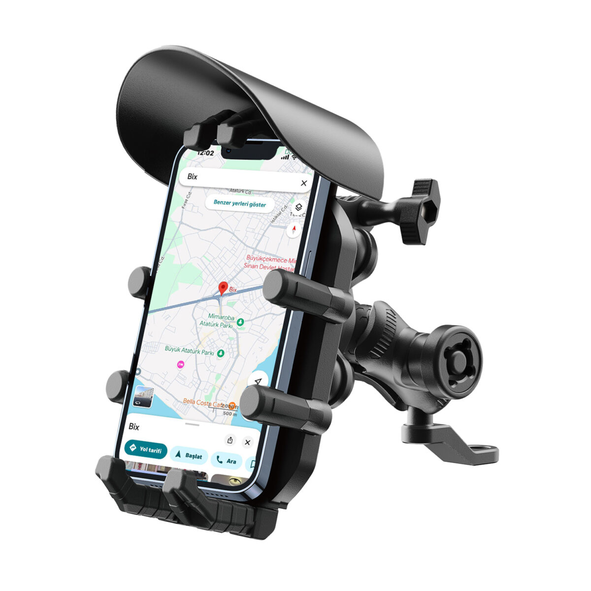 BMPH05 Güneş ve Yağmur Korumalı Ayna Bağlantılı 360° Derece Ayarlanabilir Motosiklet Bisiklet Telefon Tutucu - Görsel 1