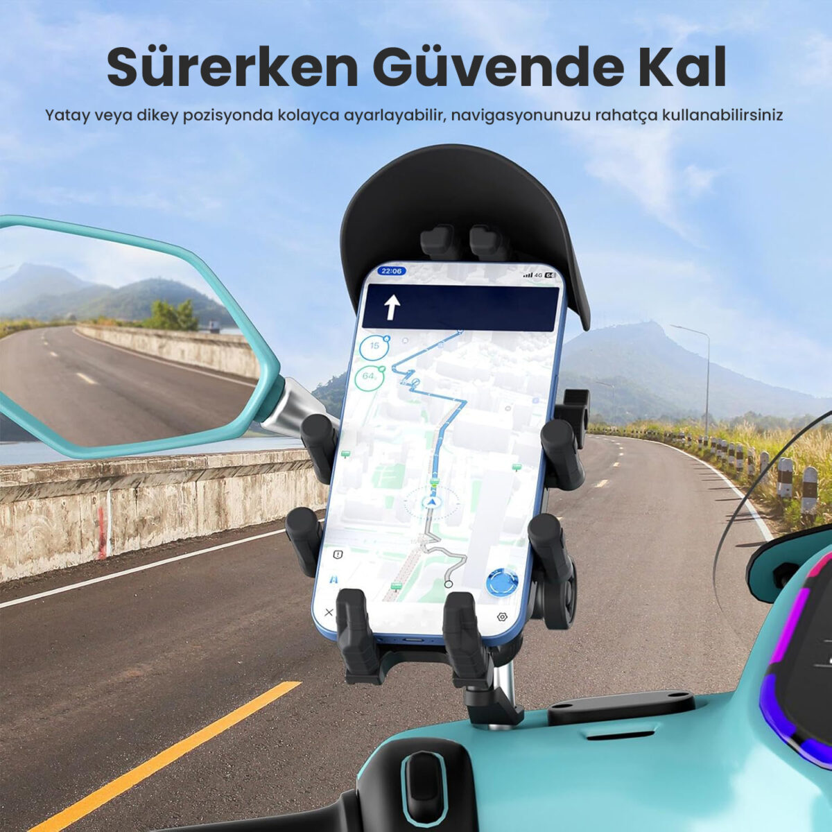 BMPH05 Güneş ve Yağmur Korumalı Ayna Bağlantılı 360° Derece Ayarlanabilir Motosiklet Bisiklet Telefon Tutucu - Görsel 4