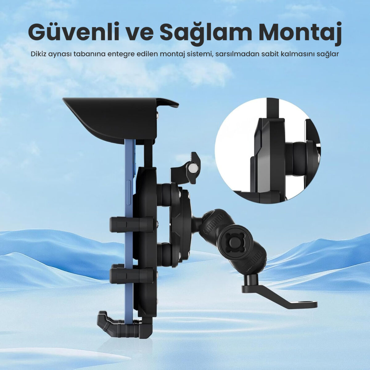 BMPH05 Güneş ve Yağmur Korumalı Ayna Bağlantılı 360° Derece Ayarlanabilir Motosiklet Bisiklet Telefon Tutucu - Görsel 5