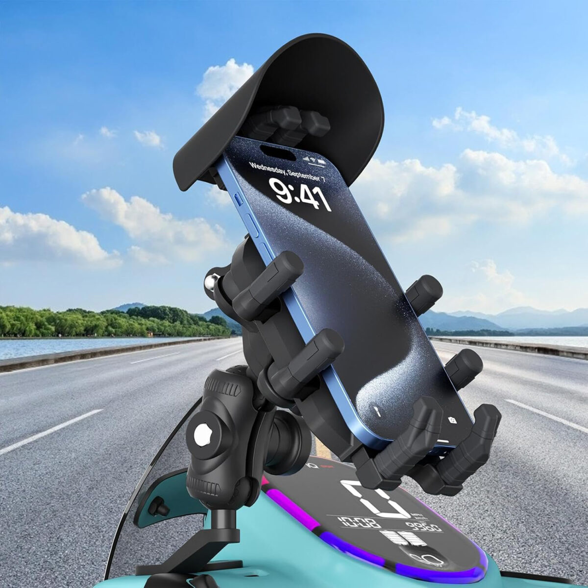 BMPH05 Güneş ve Yağmur Korumalı Ayna Bağlantılı 360° Derece Ayarlanabilir Motosiklet Bisiklet Telefon Tutucu - Görsel 3