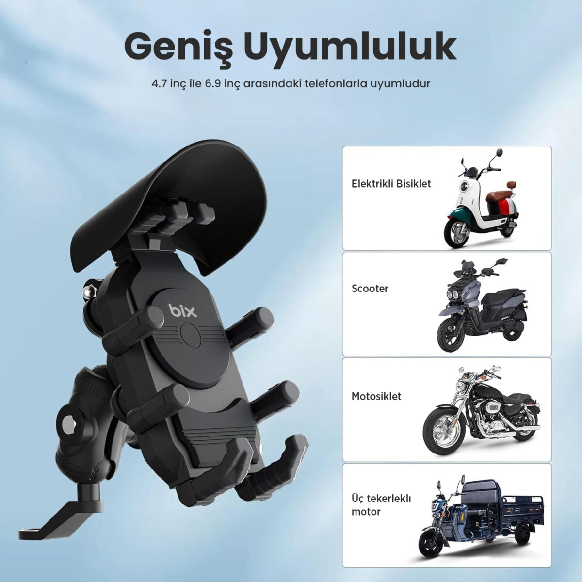 BMPH05 Güneş ve Yağmur Korumalı Ayna Bağlantılı 360° Derece Ayarlanabilir Motosiklet Bisiklet Telefon Tutucu - Görsel 9