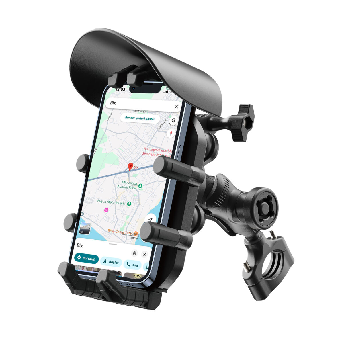 BPH05 Güneş ve Yağmur Korumalı Gidon Bağlantılı 360° Derece Ayarlanabilir Güneşlikli Motosiklet Bisiklet Telefon Tutucu - Görsel 1