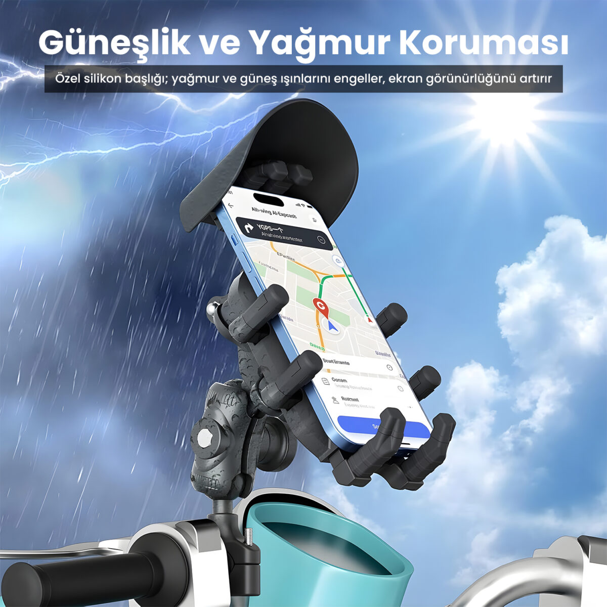 BPH05 Güneş ve Yağmur Korumalı Gidon Bağlantılı 360° Derece Ayarlanabilir Güneşlikli Motosiklet Bisiklet Telefon Tutucu - Görsel 6
