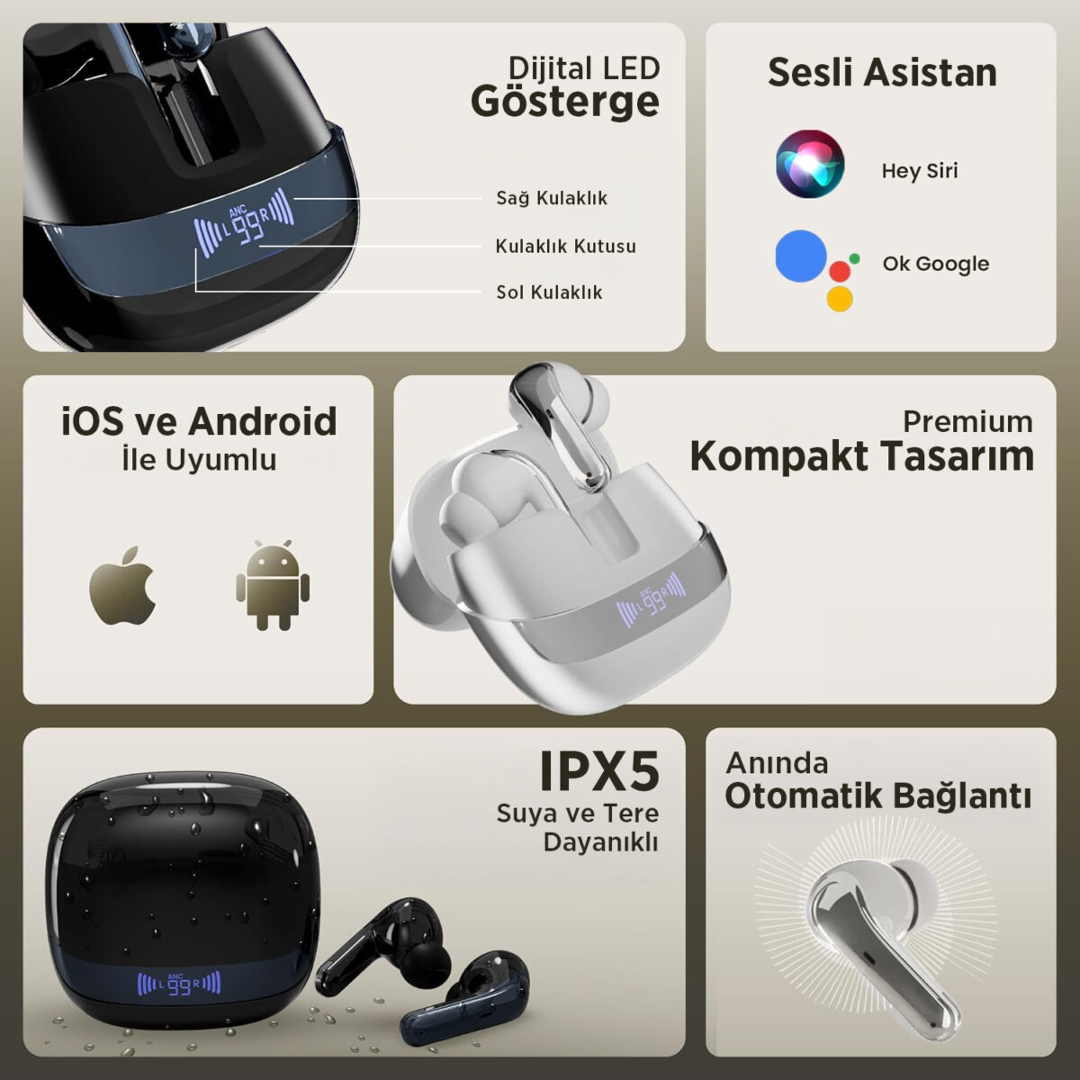 TWX Soundcraft ANC ENC Gürültü Engelleme Özellikli Dijital LED Ekranlı Bluetooth 5.4 TWS Kablosuz Kulak içi Kulaklık Siyah - Görsel 6