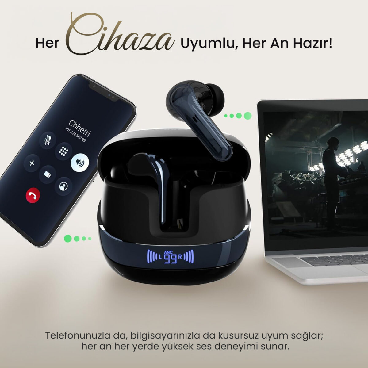 TWX Soundcraft ANC ENC Gürültü Engelleme Özellikli Dijital LED Ekranlı Bluetooth 5.4 TWS Kablosuz Kulak içi Kulaklık Siyah - Görsel 8