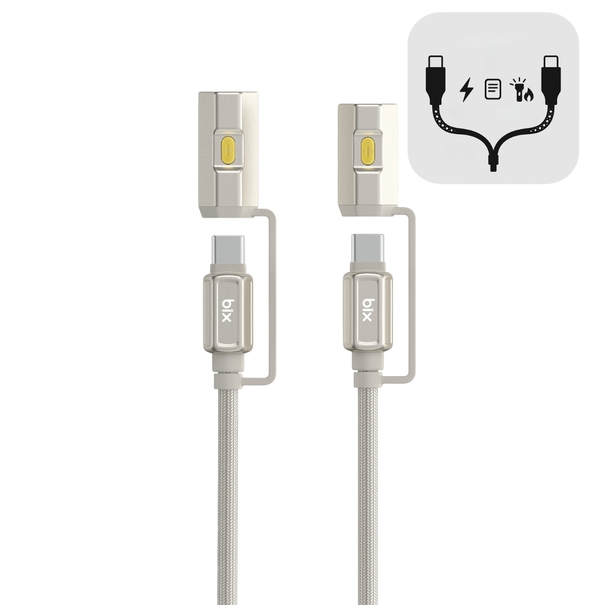 4İN1CA T2IN1C 240W LED Fener ve Alevsiz Çakmak Fonksiyonlu Type-C to Type-C Şarj ve Data Kablosu 1.2 Metre Gri - Görsel 1